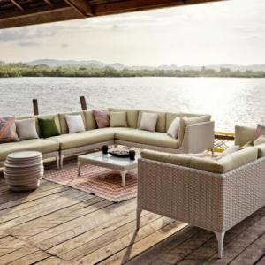 mu pastel lounge set side view along large water surface